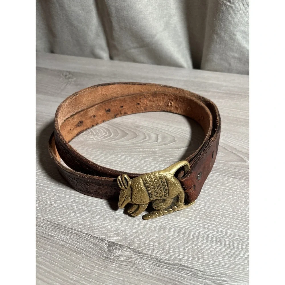 Vintage Leather Armadillo Buckle Belt Embossed Floral Western Boho 45 Inch Brass